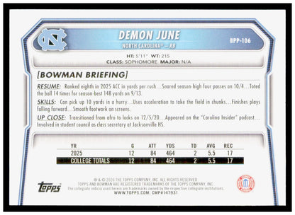 2026 Bowman Demon June Card Prospects North Carolina Tar Heels