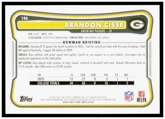 2026 Bowman Brandon Cisse Card RC Green Bay Packers
