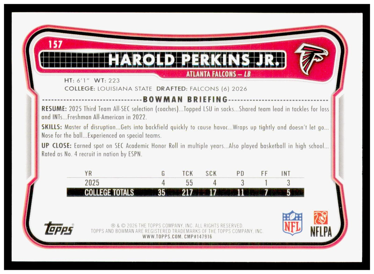 2026 Bowman Harold Perkins Jr. Card RC Atlanta Falcons