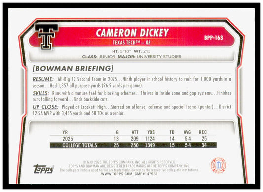2026 Bowman Cameron Dickey Card Prospects Texas Tech Red Raiders