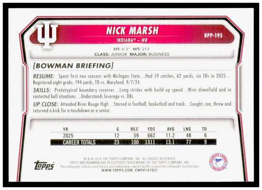 2026 Bowman Nick Marsh Card Prospects Indiana Hoosiers