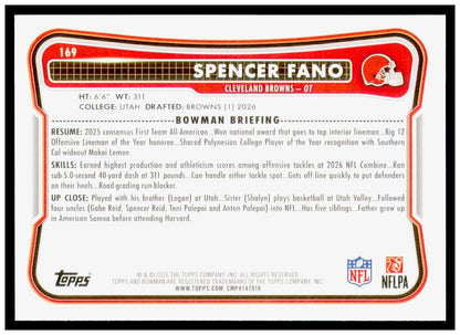 2026 Bowman Spencer Fano Card RC Cleveland Browns