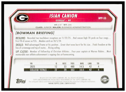 2026 Bowman Isiah Canion Card Prospects Georgia Bulldogs