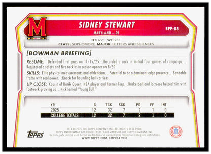 2026 Bowman Sidney Stewart Card Prospects Maryland Terrapins