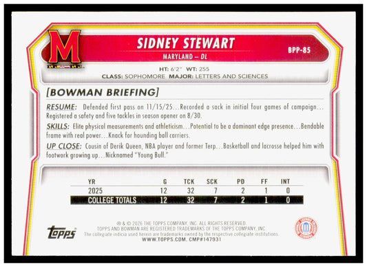 2026 Bowman Sidney Stewart Card Prospects Maryland Terrapins