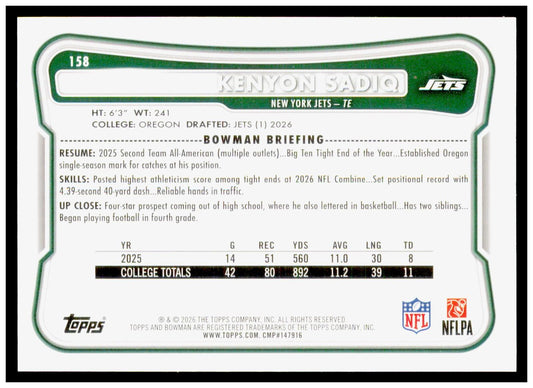 2026 Bowman Kenyon Sadiq Card RC New York Jets