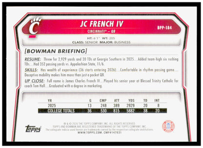 2026 Bowman JC French IV Card Prospects Cincinnati Bearcats