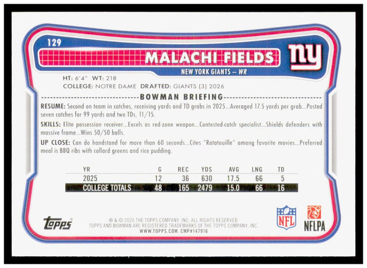 2026 Bowman Malachi Fields Card RC New York Giants
