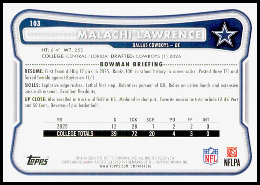 2026 Bowman Malachi Lawrence Card RC Dallas Cowboys