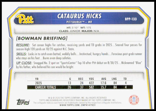 2026 Bowman Cataurus Hicks Card Prospects Pittsburgh Panthers
