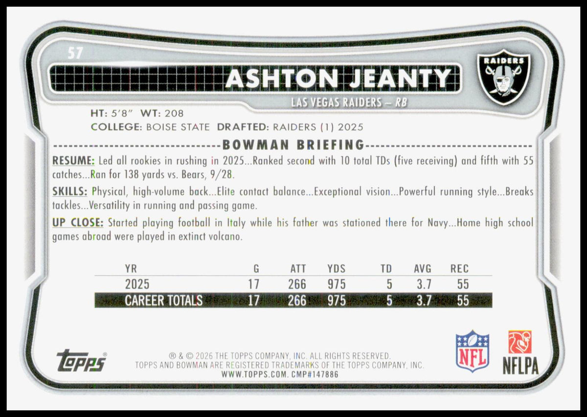 2026 Bowman Ashton Jeanty Card Las Vegas Raiders