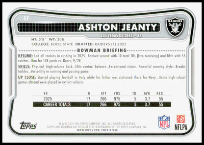 2026 Bowman Ashton Jeanty Card Las Vegas Raiders
