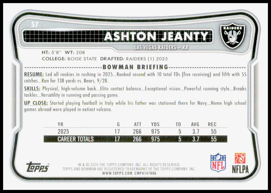 2026 Bowman Ashton Jeanty Card Las Vegas Raiders