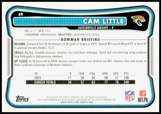 2026 Bowman Cam Little Card Jacksonville Jaguars