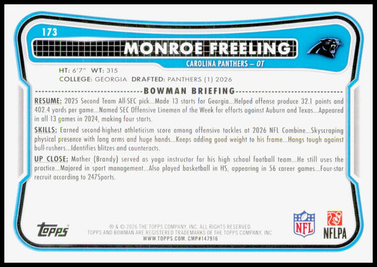 2026 Bowman Monroe Freeling Card RC Carolina Panthers