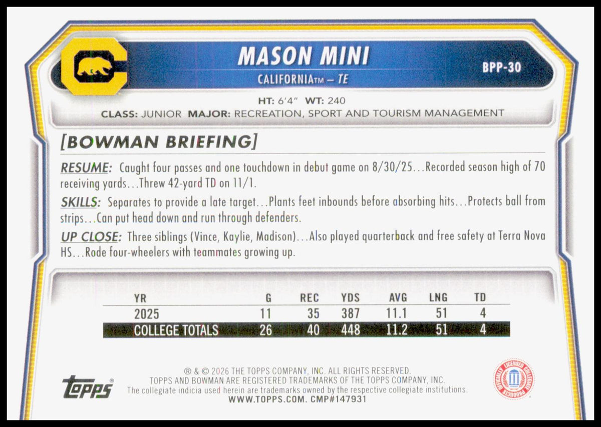 2026 Bowman Mason Mini Card Prospects California Golden Bears