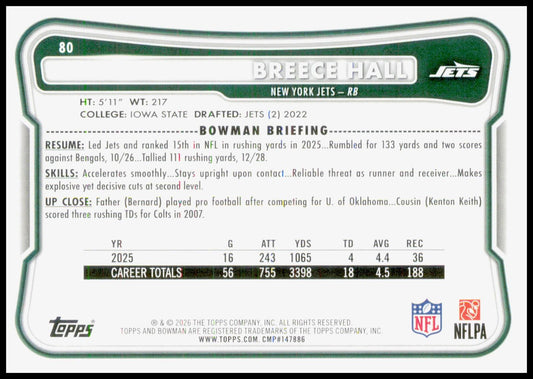 2026 Bowman Breece Hall Card New York Jets