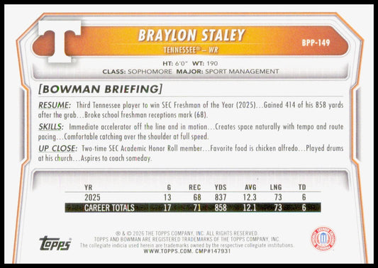 2026 Bowman Braylon Staley Card Prospects Tennessee Volunteers