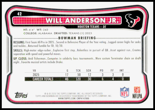 2026 Bowman Will Anderson Jr. Card Houston Texans