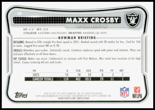 2026 Bowman Maxx Crosby Card Las Vegas Raiders