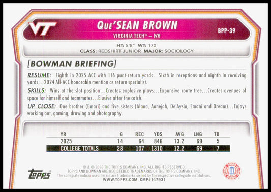 2026 Bowman Que'Sean Brown Card Prospects Virginia Tech Hokies