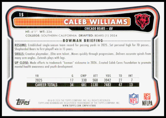 2026 Bowman Caleb Williams Card Chicago Bears