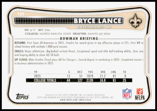 2026 Bowman Bryce Lance Card RC New Orleans Saints