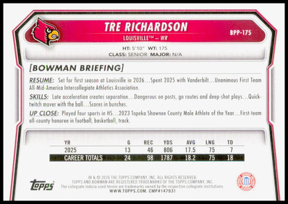 2026 Bowman Tre Richardson Card Prospects Louisville Cardinals
