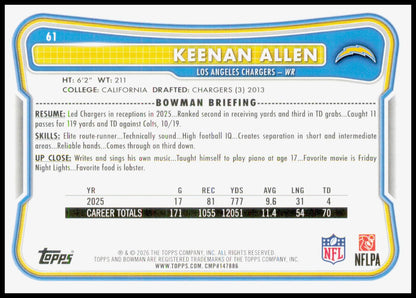 2026 Bowman Keenan Allen Card Los Angeles Chargers