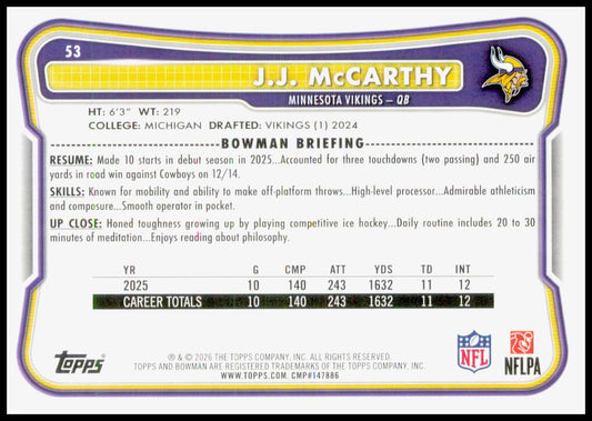 2026 Bowman J.J. McCarthy Card Minnesota Vikings
