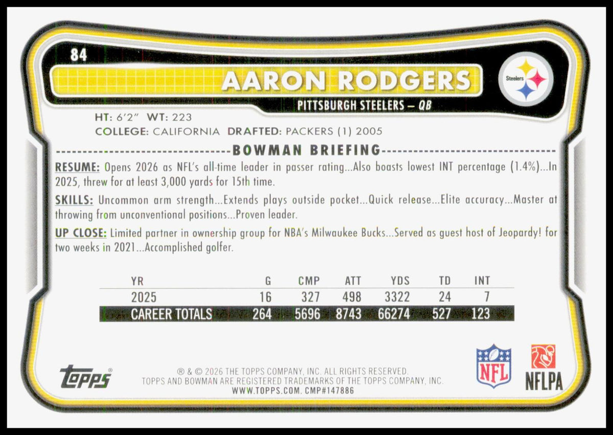 2026 Bowman Aaron Rodgers Card Pittsburgh Steelers