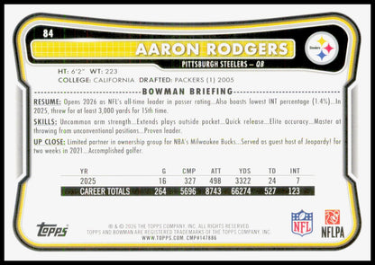 2026 Bowman Aaron Rodgers Card Pittsburgh Steelers