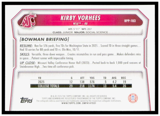 2026 Bowman Kirby Vorhees Card Prospects Washington State Cougars