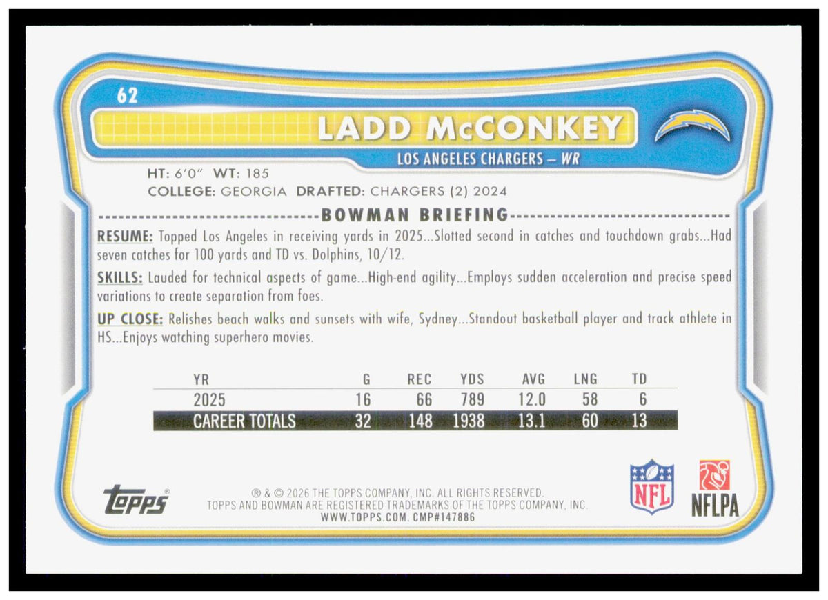 2026 Bowman Ladd McConkey Card Los Angeles Chargers