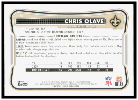 2026 Bowman Chris Olave Card New Orleans Saints
