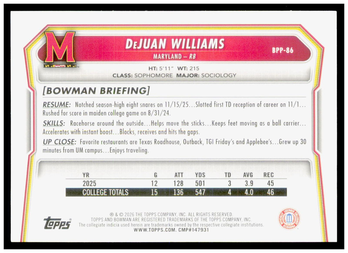 2026 Bowman DeJuan Williams Card Prospects Maryland Terrapins