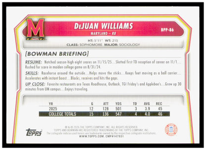 2026 Bowman DeJuan Williams Card Prospects Maryland Terrapins