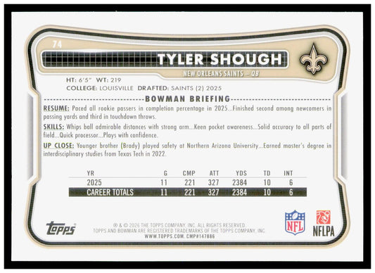 2026 Bowman Tyler Shough Card New Orleans Saints
