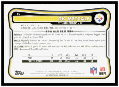 2026 Bowman DK Metcalf Card Pittsburgh Steelers
