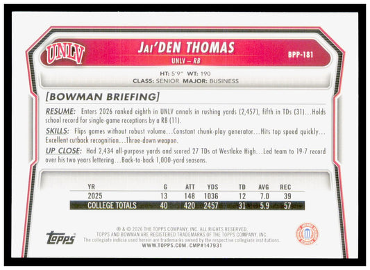 2026 Bowman Jai'Den Thomas Card Prospects UNLV Rebels