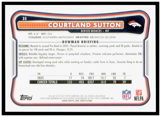 2026 Bowman Courtland Sutton Card Denver Broncos