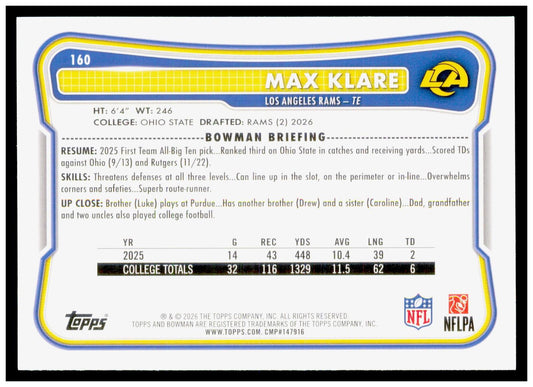 2026 Bowman Max Klare Card RC Los Angeles Rams