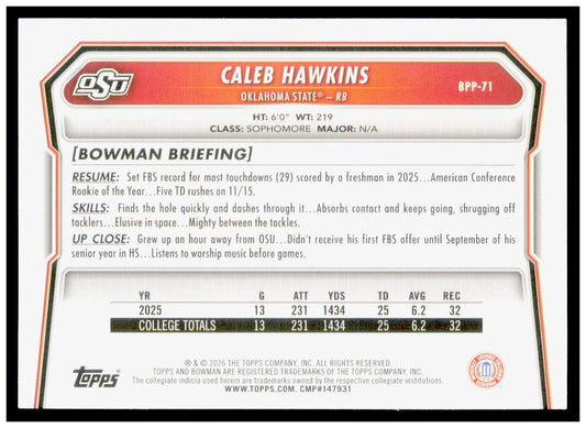 2026 Bowman Caleb Hawkins Card Prospects Oklahoma State Cowboys