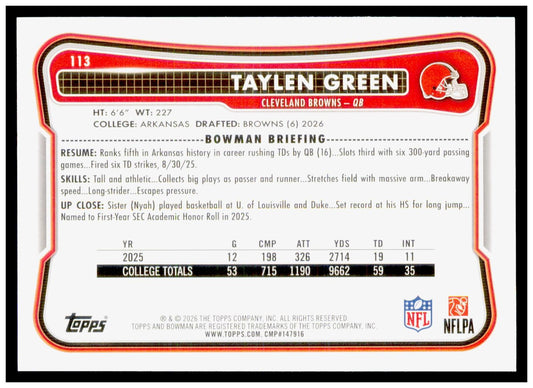 2026 Bowman Taylen Green Card RC Cleveland Browns