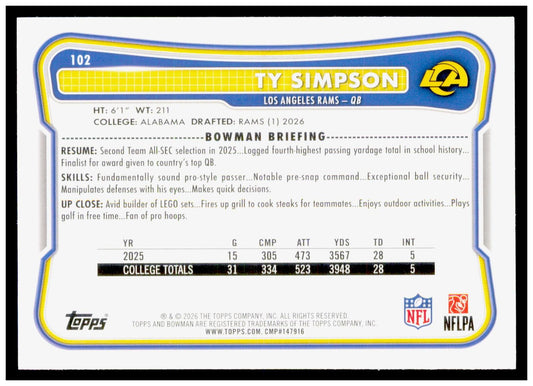 2026 Bowman Ty Simpson Card RC Los Angeles Rams
