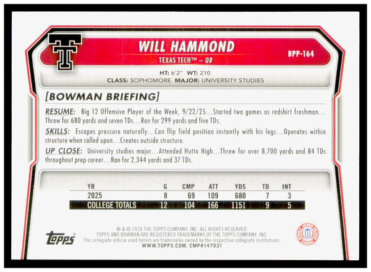 2026 Bowman Will Hammond Card Prospects Texas Tech Red Raiders