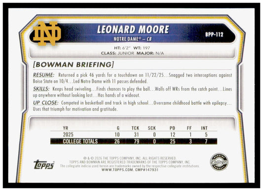 2026 Bowman Leonard Moore Card Prospects Notre Dame Fighting Irish