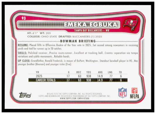 2026 Bowman Emeka Egbuka Card Tampa Bay Buccaneers