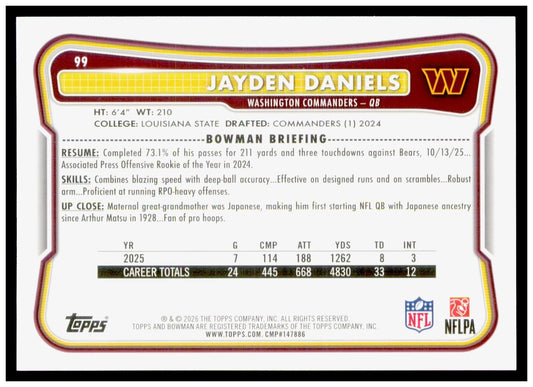 2026 Bowman Jayden Daniels Card Washington Commanders