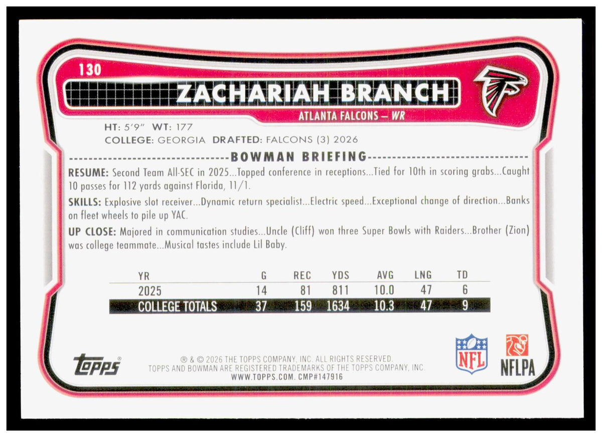 2026 Bowman Zachariah Branch Card RC Atlanta Falcons